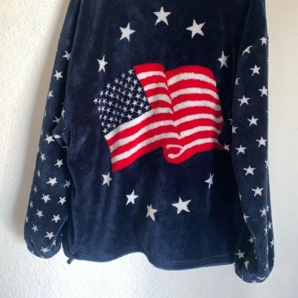 Vintage USA Logo Flag Patriotic Fleece Red White Blue Zip Up Graphic Jacket L
